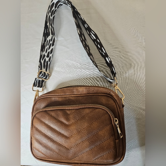 choliss Handbags - Brown Quilted Crossbody Bag with Patterned Strap
